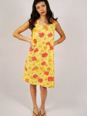 Y2K Floral Tank Dress (M) medium yellow vintage midi flowy boho hippie colorful